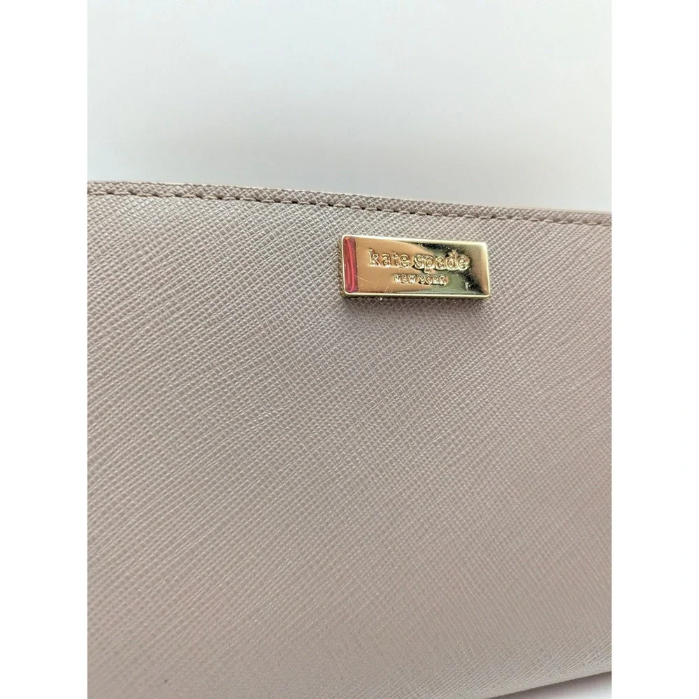 Kate Spade Bifold Wallet Small Taupe Light Mauve Gold Accents Hardware Logo
